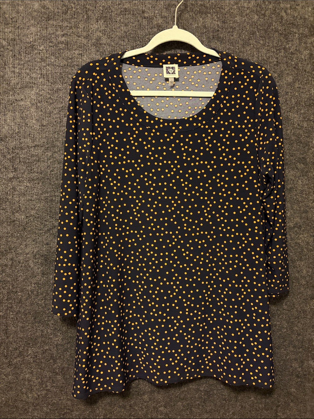 Anne Klein Black Dress with Mustard Polka Dots, Long Sleeve